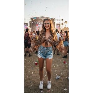 Y2k Tie Front Top Small Leopard Print Bell‎ Sleeve Indie Fairy Grunge Festival